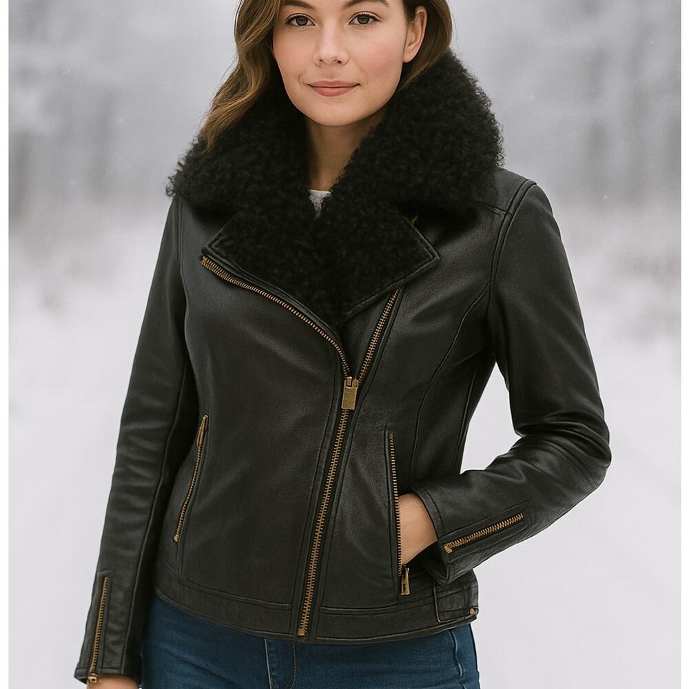 Wilsons Leather VTG SZ M Leather Moto Jacket-Black-Gold Zippers-Fur Collar-Y2K